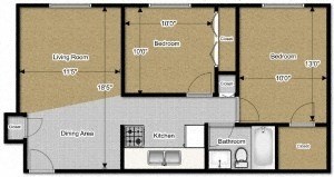 2 Bedroom 1 Bath 500-700 Sq. Ft Floor Plan at Jordan Court Apartments, Integrity Realty, Kent, OH, 44240